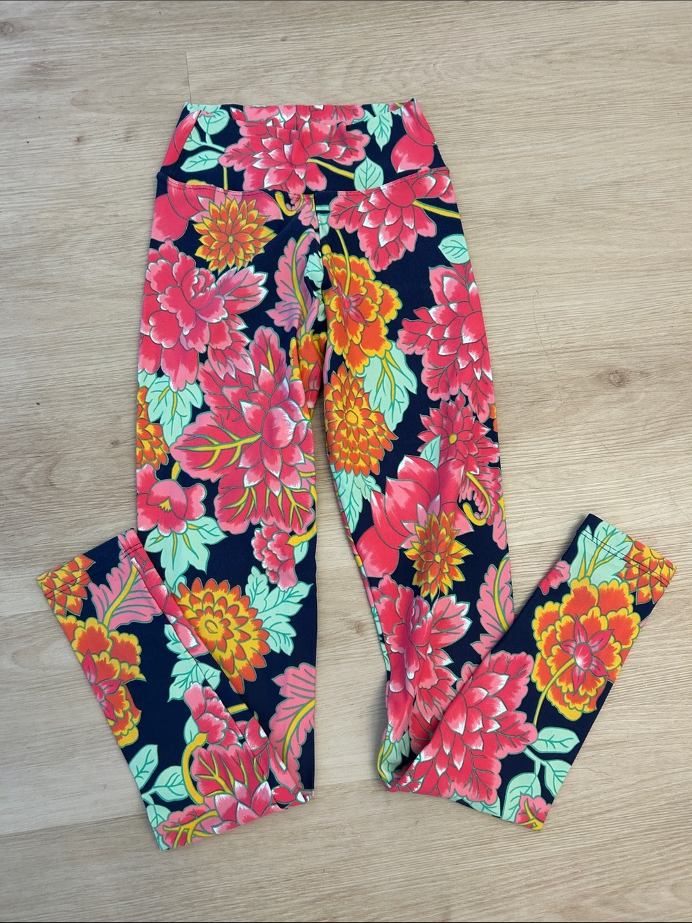 Liquido Vibrant Navy Floral Leggings - Bold Pink & Yellow Blooms Small
